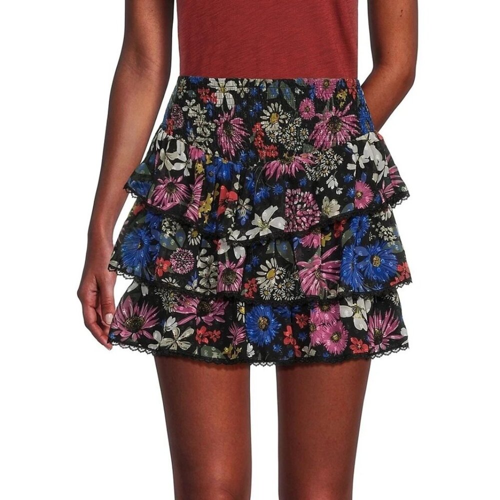 Spring & Mercer Colorful Floral Smocked Tiered Ruffle Skirt L Large NEW